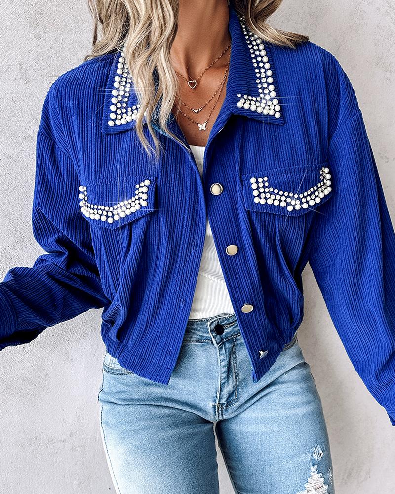 

Rhinestone Pearl Decor Crop Jacket, Blue