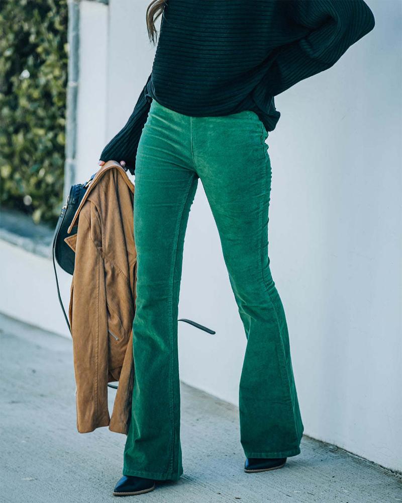 

Corduroy Plain High Waist Flared Leg Pants, Green
