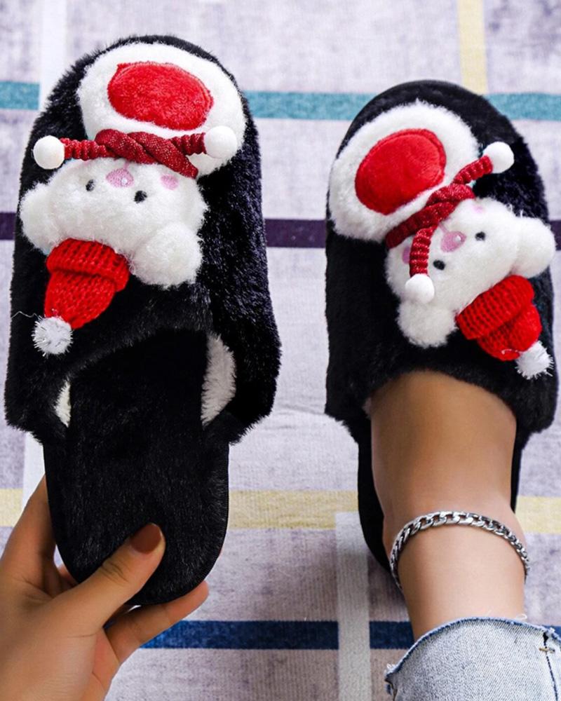 

Christmas Bear Snowman Pattern Fluffy Slippers, Black