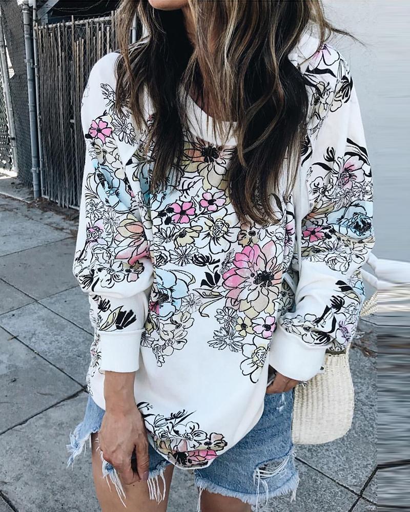 

Floral Print Long Sleeve Casual Sweatshirt, White