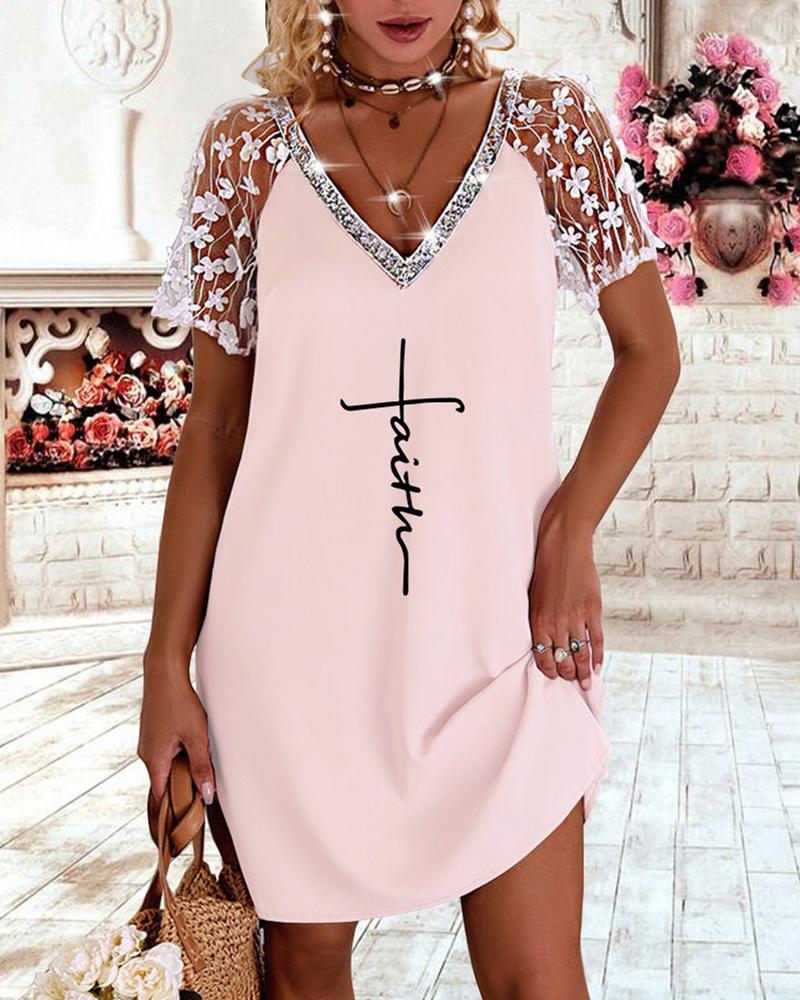 

Crochet Lace Letter Print V-Neck Dress, Pink