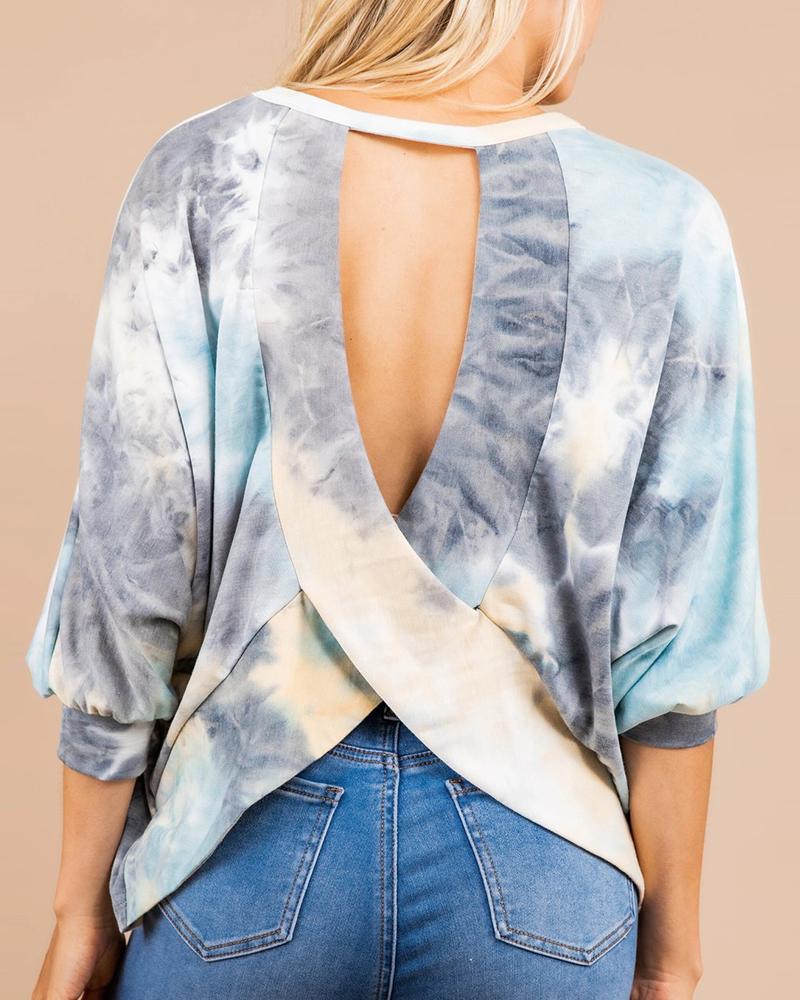 

Tie Dye Print Crisscross Backless Top, Gray