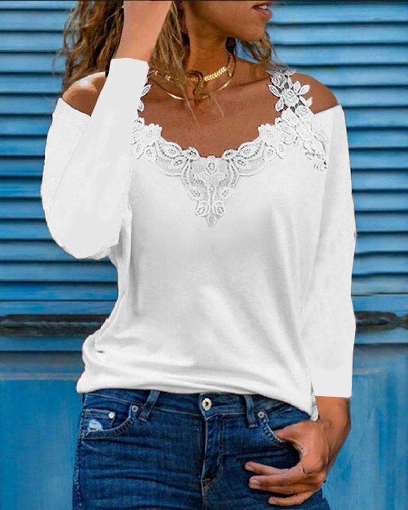 

Contrast Lace Cold Shoulder Top, White