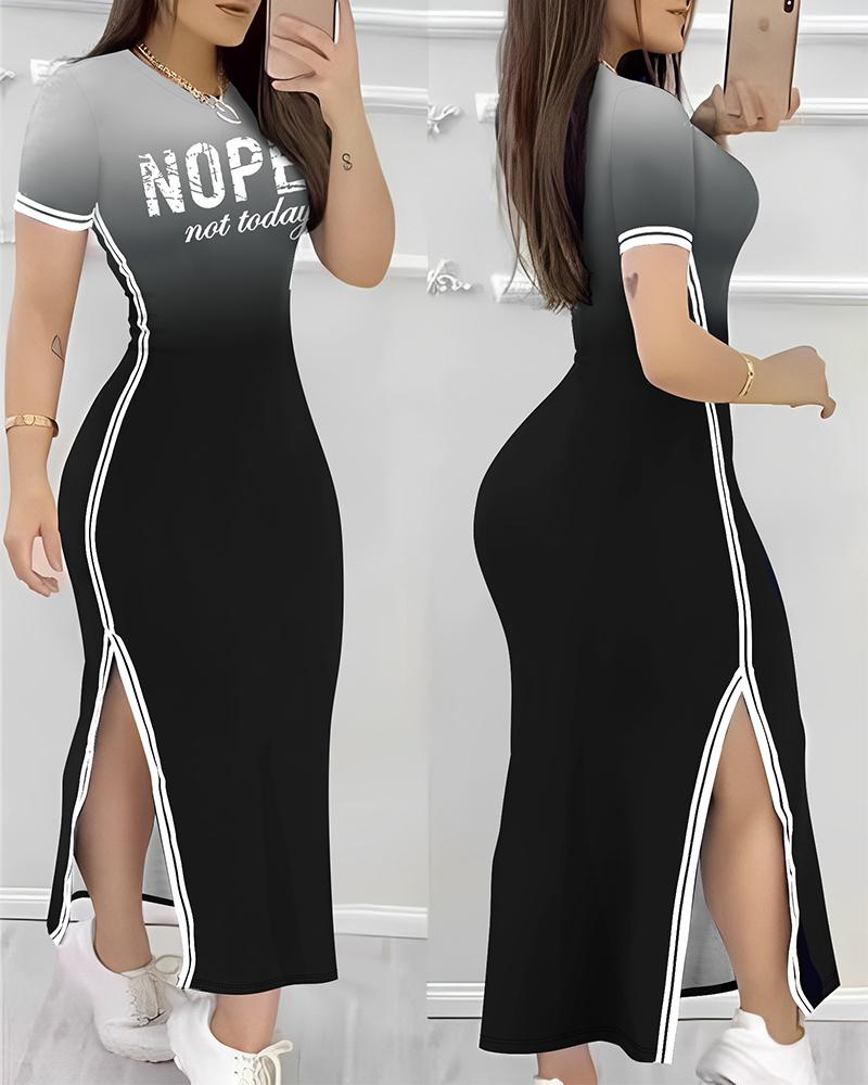 

Nope Not Today Print Ombre Striped Slit Casual Dress, Black