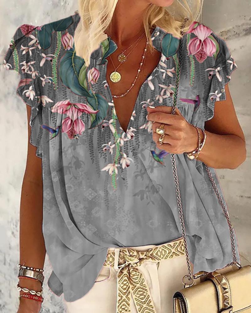 

Floral Print V Neck Sleeveless Ruched Top, Gray