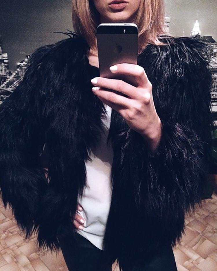 

Warm Faux Fur Fluffy Cropped Jacket, Black