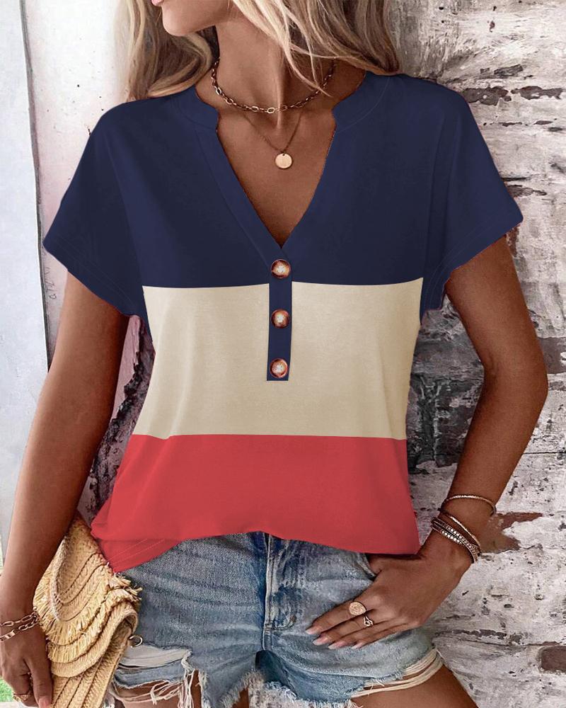 Colorblock Notch Neck Buttoned Casual T-shirt