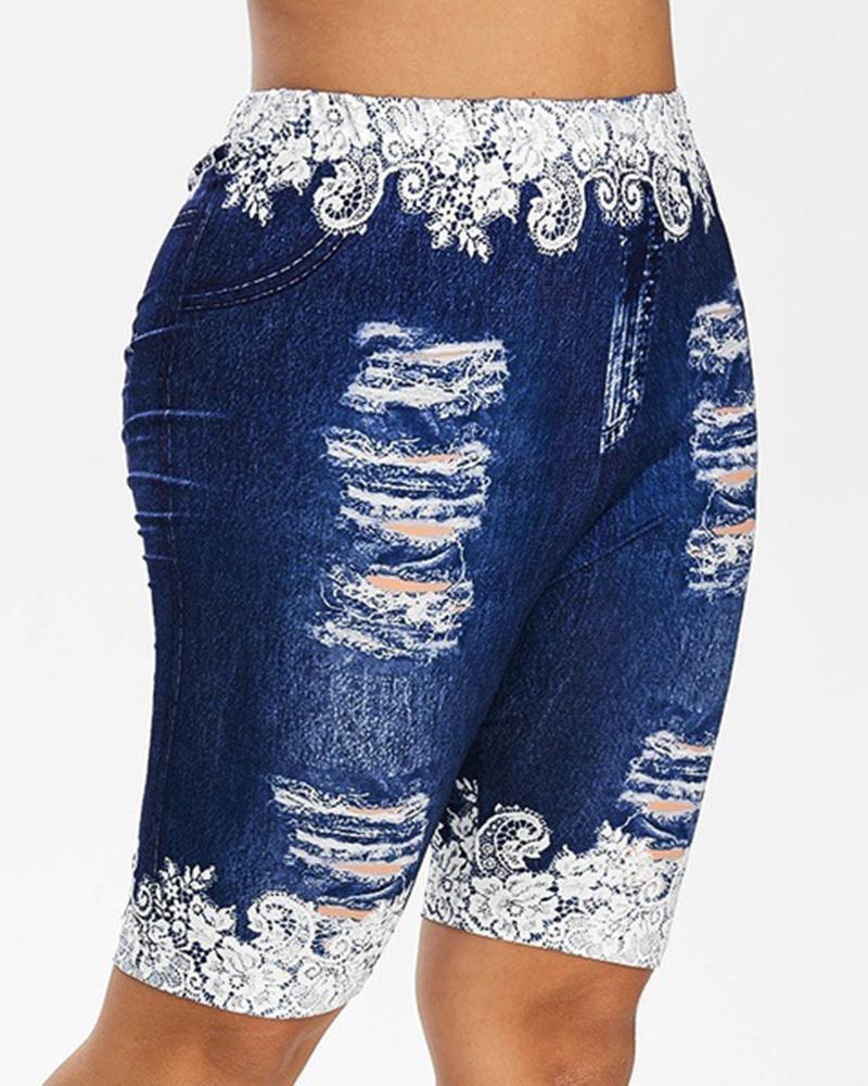 

Plus Size Floral Denim Look Print Ripped High Waist Shorts, Blue