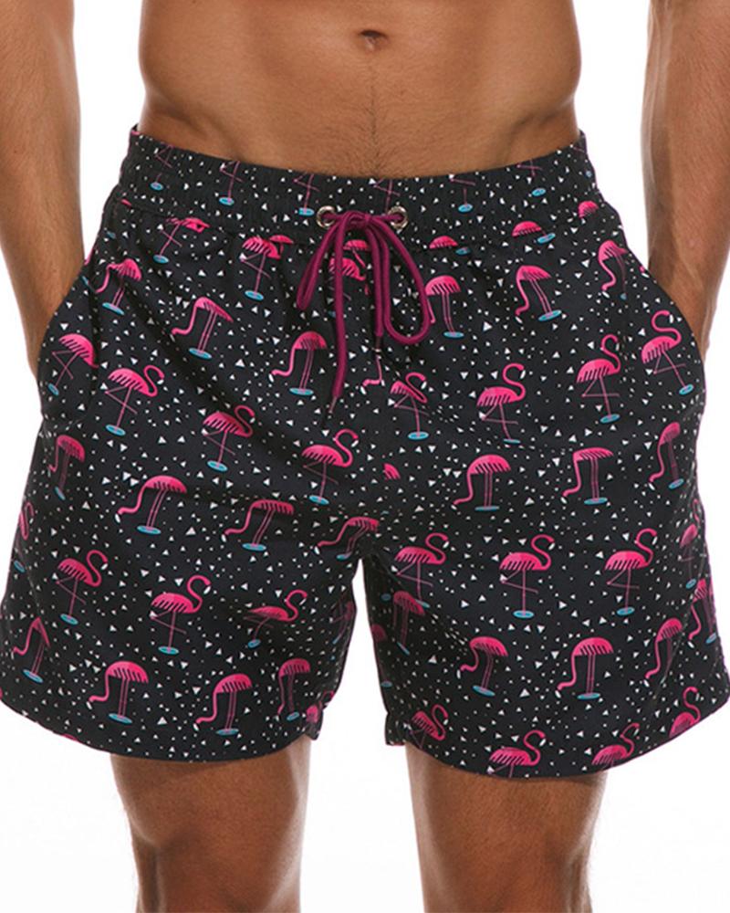 

Vacation Style Flamingo Print Drawstring Short Pants, Black