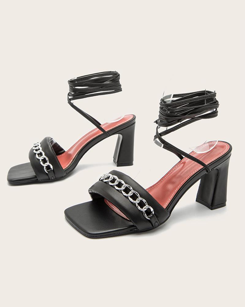 

Solid Metallic Chain Patch Upper High Heel Sandals, Black