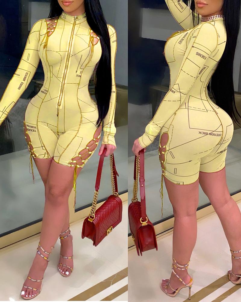 

Abstract Letter Print Zipper Design Lace-up Romper, Yellow