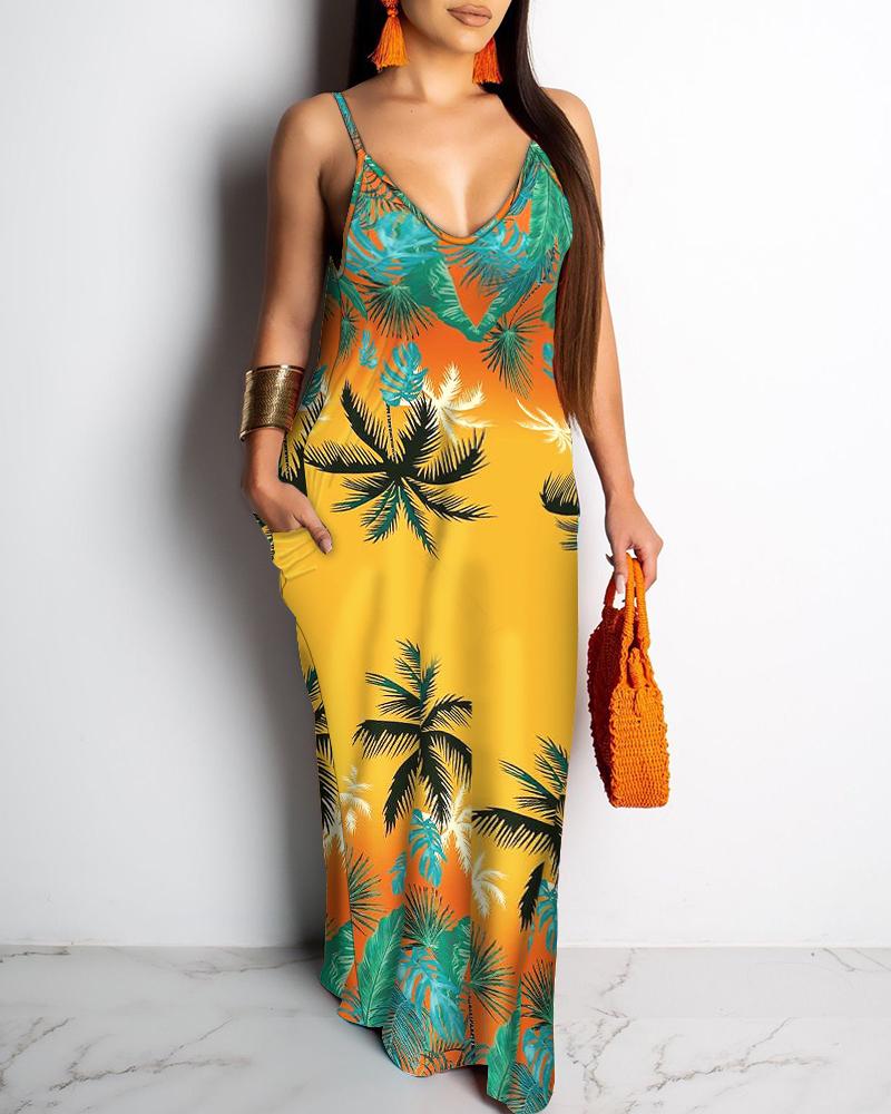 

Leaf & Floral Print Pocket Design Cami Maxi Dress, Multicolor