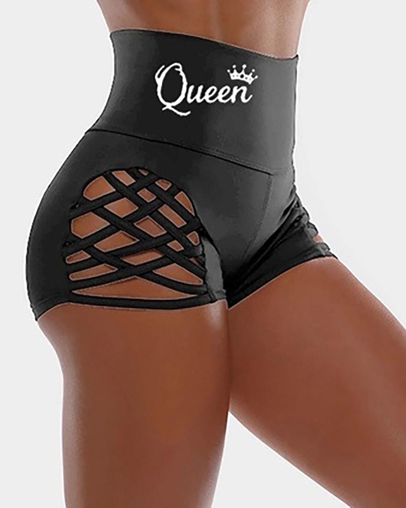 

Letter Print Bandage Cutout High Waist Shorts, Gray
