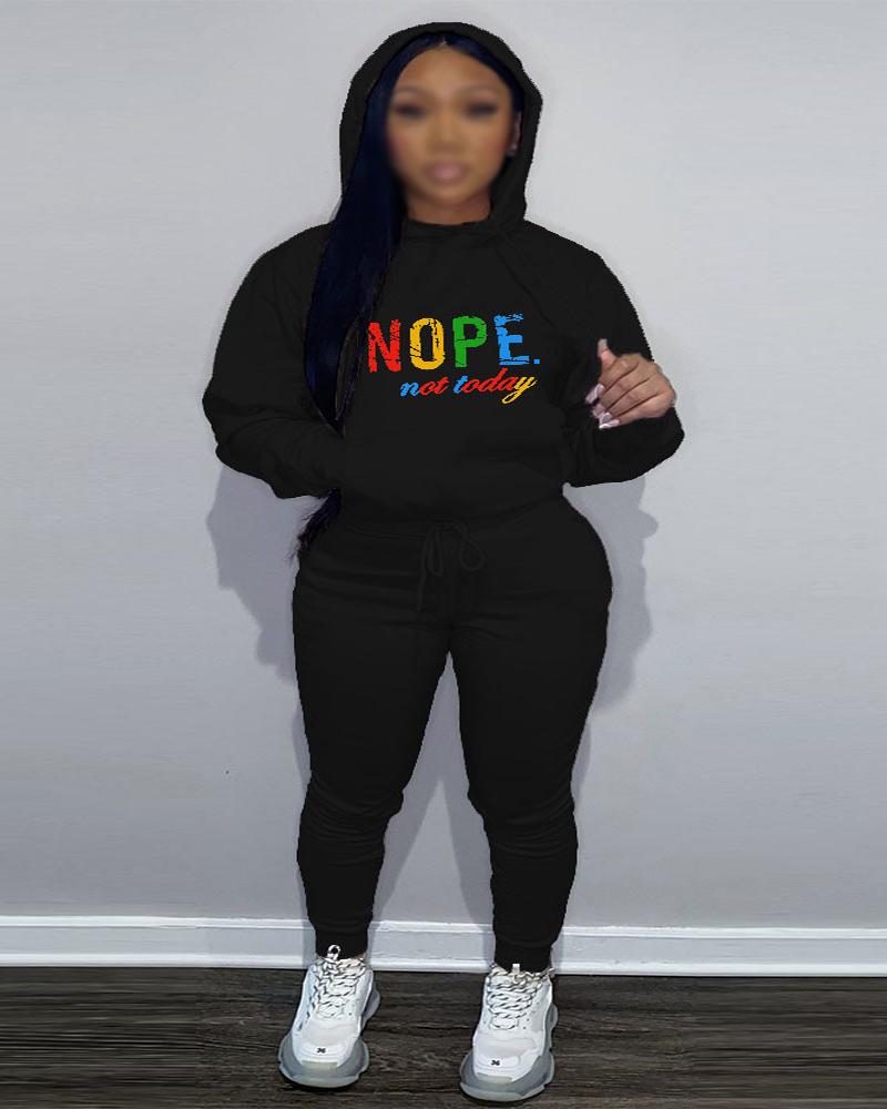 

Plus Size Letter Print Casual Hoodie & Pants Set, Black