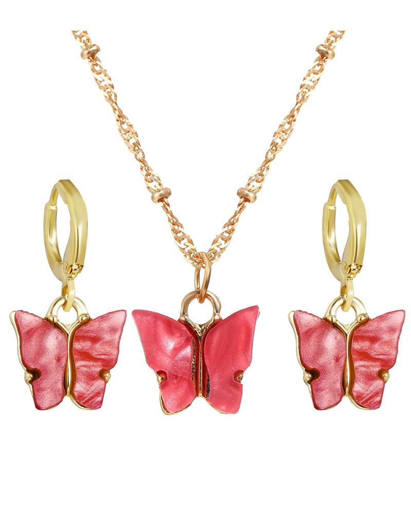 

2PCS Butterfly Pendant Necklace & Earrings Jewelry Set, Red
