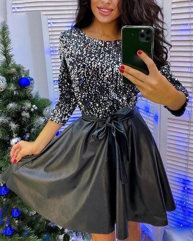 

Contrast Sequin PU Leather Party Dress, Black