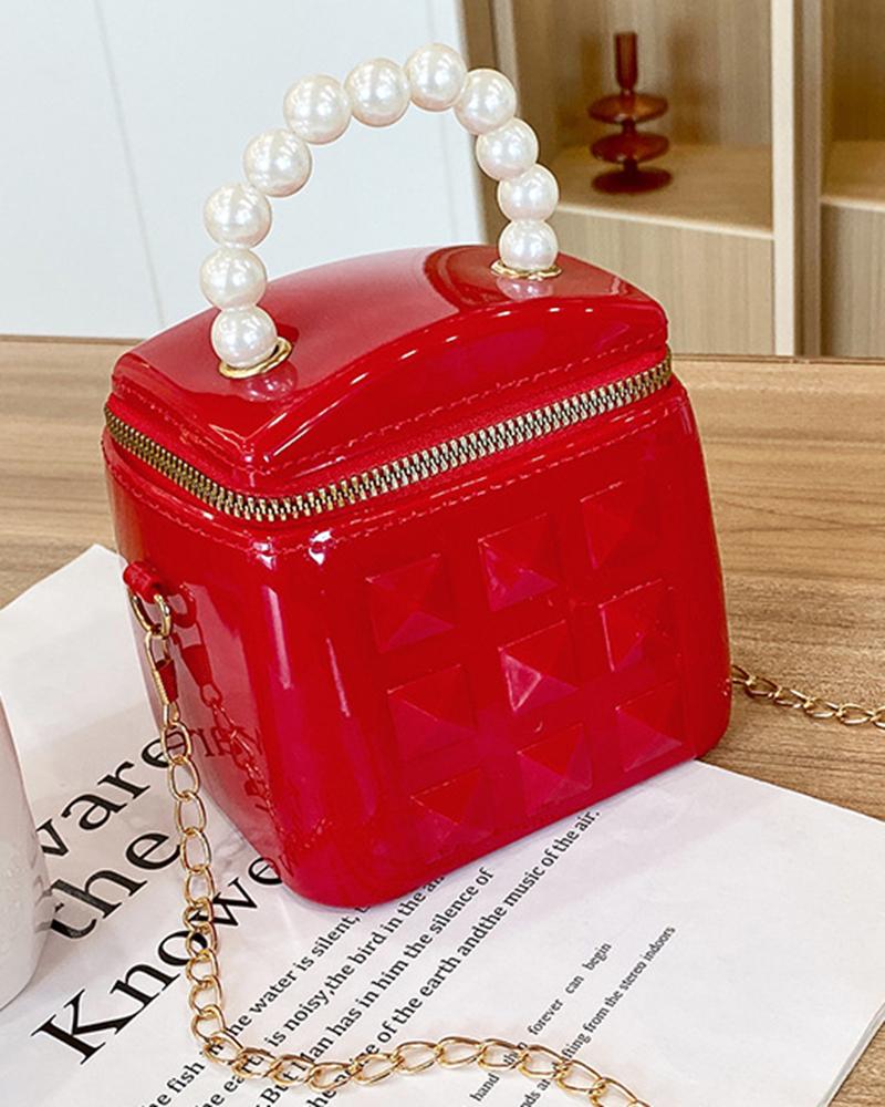 

Pearls Top Handle Square Bucket Handbag Crossbody Bag, Red