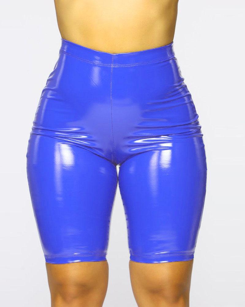 

PU Leather High Waist Shorts, Blue