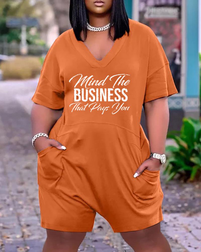 

Letter Print Pocket Design Casual Romper, Orange