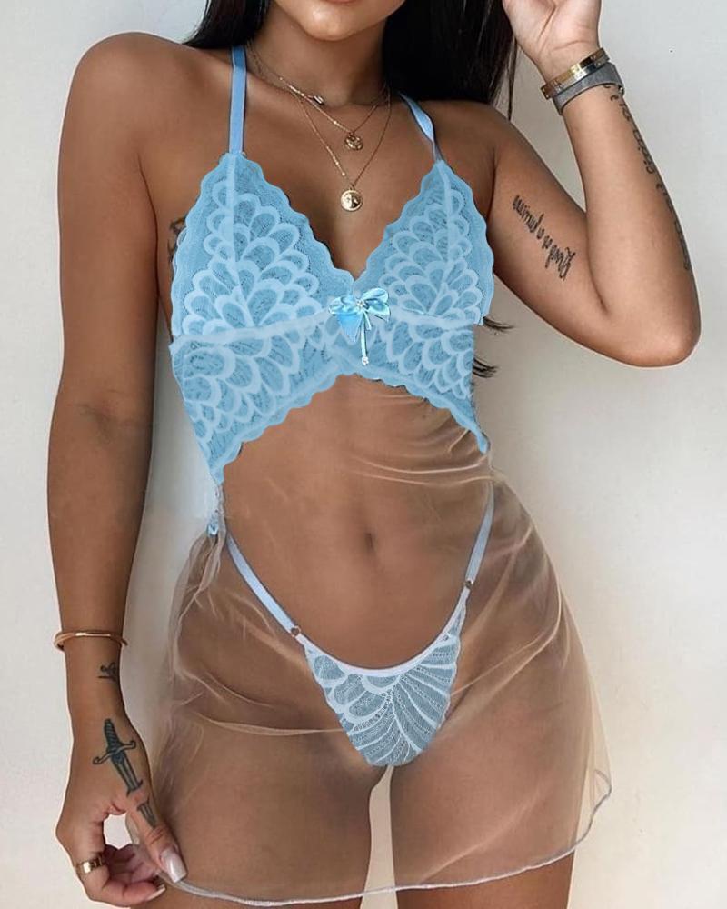 

Spaghetti Strap Sheer Mesh Crochet Lace Babydoll, Blue