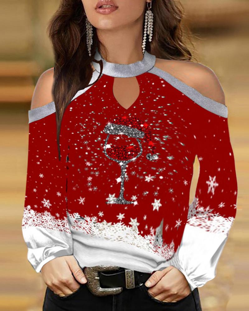 

Christmas Snowflake Wine Glass Print Cold Shoulder Top, Red