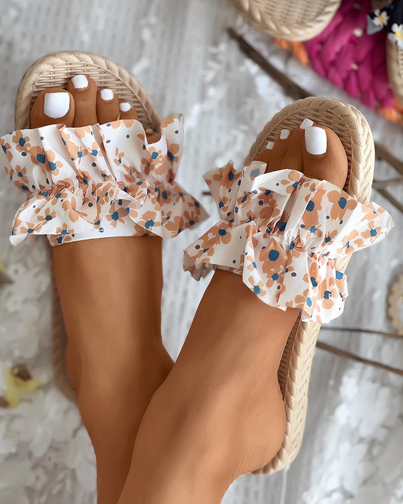 

Ruched Band Ditsy Floral Print Slippers, Yellow