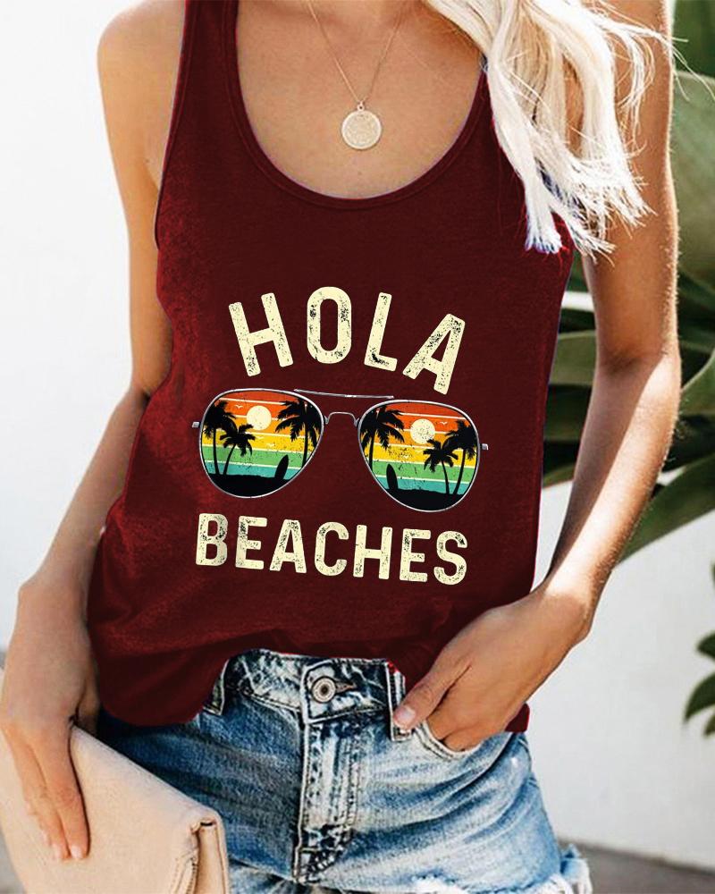 

Coconut Tree Sunglasses Landscape Letter Print Graphic Tee Summer Beach Vest Tank Top, Wine red