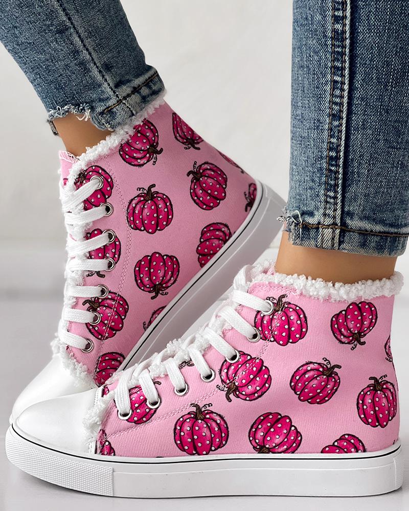 Halloween Pumpkin Print Lace-up Lined Sneakers