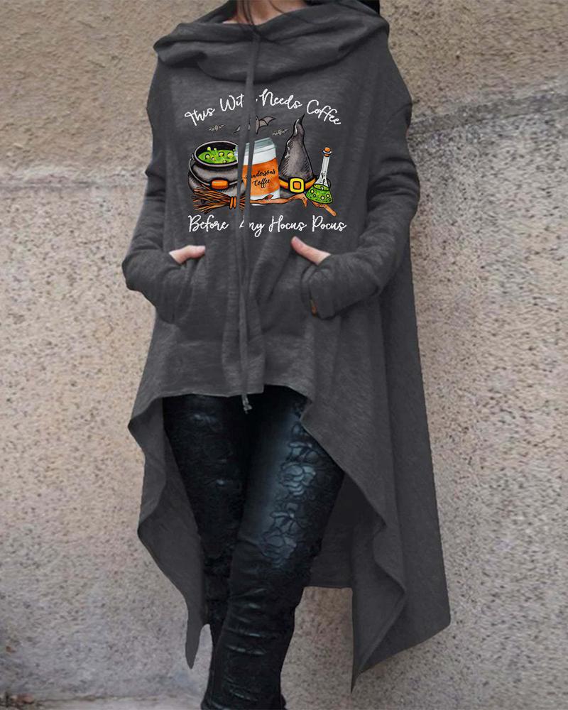 

Plus Size Halloween Graphic Letter Print Dip Hem Hoodie, Dark grey