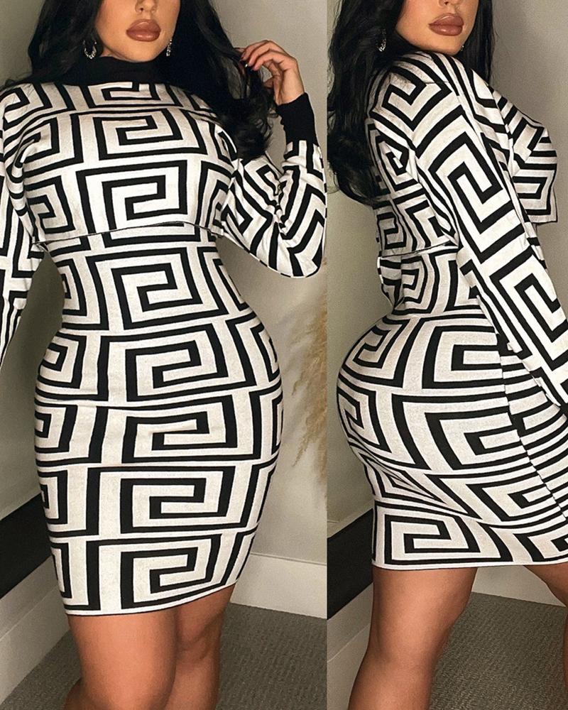 

Geometric Print Long Sleeve Crop Top & Bodycon Dress Set, Black