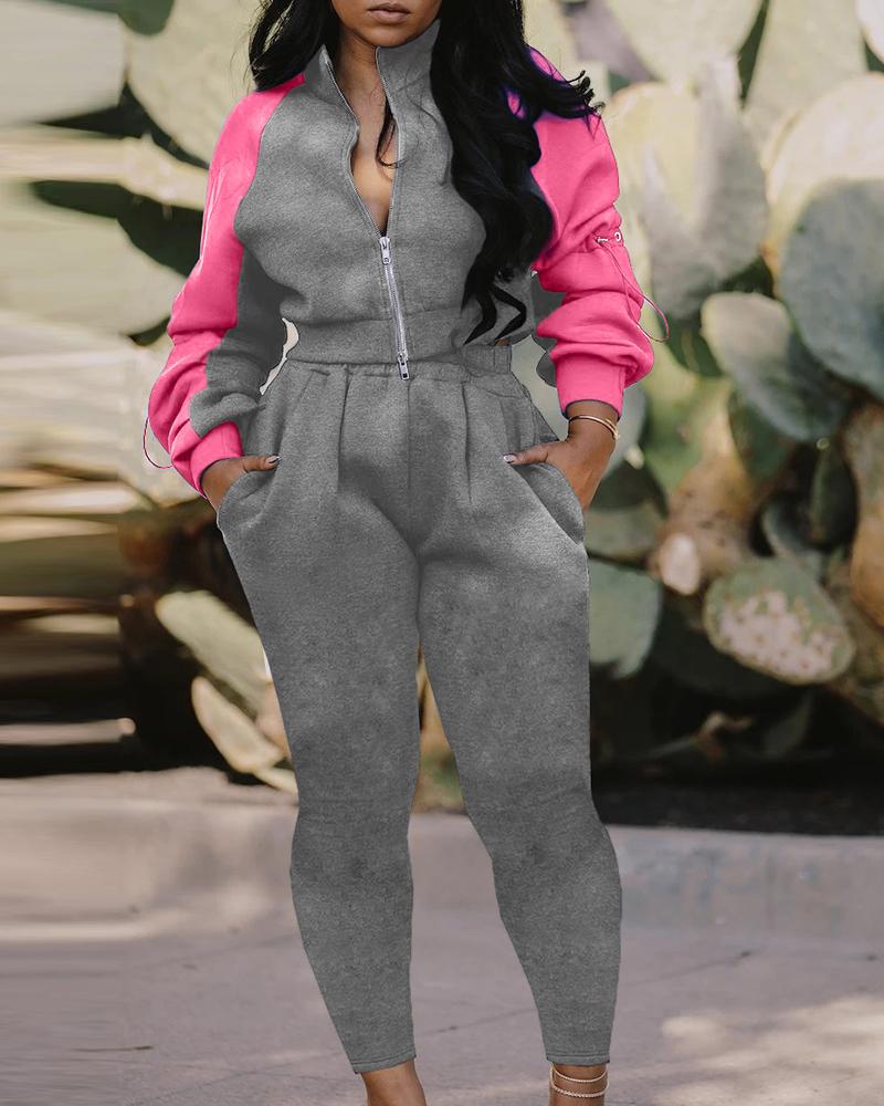 

Colorblock Zipper Design Lantern Sleeve Top & Ruched Pants Set, Gray