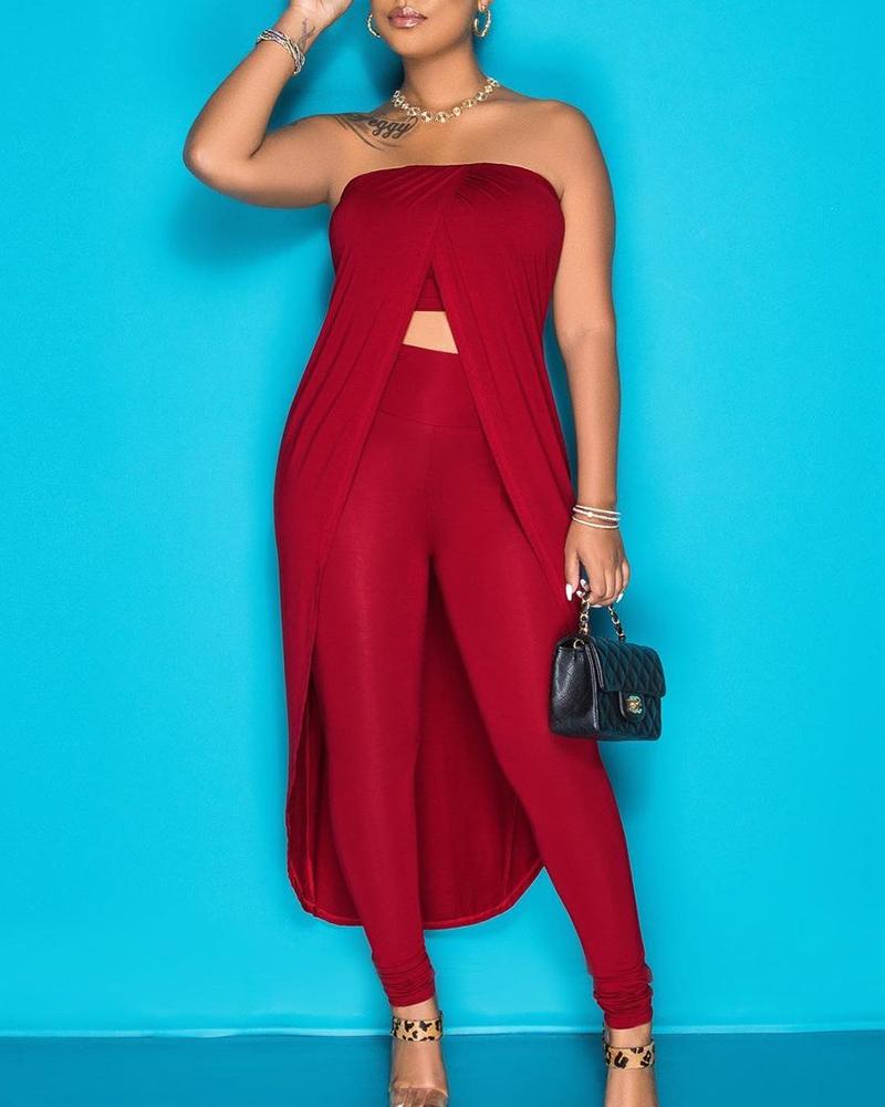

Solid Color Off Shoulder Sleeveless Blouse With Skirt Suit Sets, Red