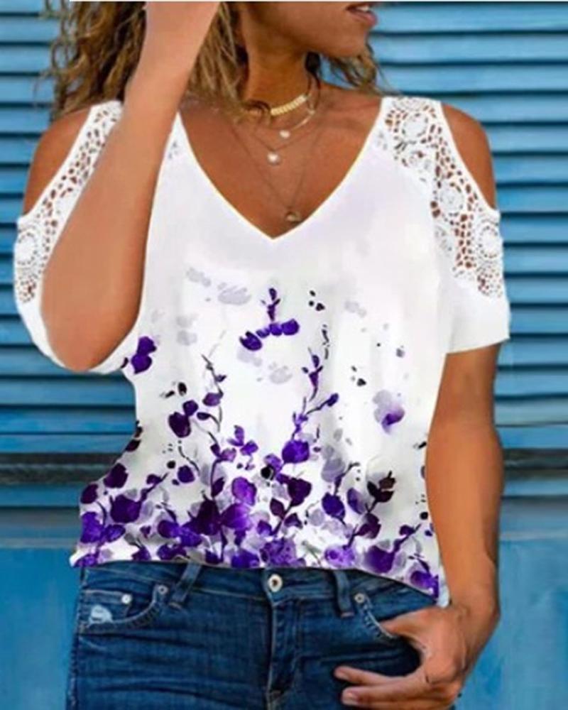 

Plants Print Contrast Lace Cold Shoulder Top, Purple