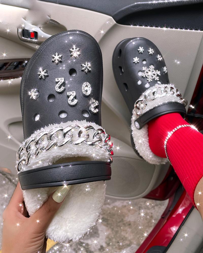 

Chain Letter Snowflake Pattern Rhinestone Fluffy Clogs, Black