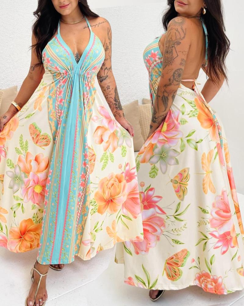 

Floral Print Halter Sleeveless Maxi Dress Hollow Out Flowy A Line Vacation Dress, Multicolor