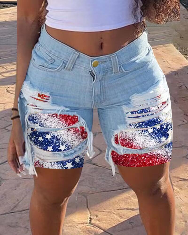 

Shorts jeans com estampa de bandeira do Dia da Independência e bainha rasgada, Blue