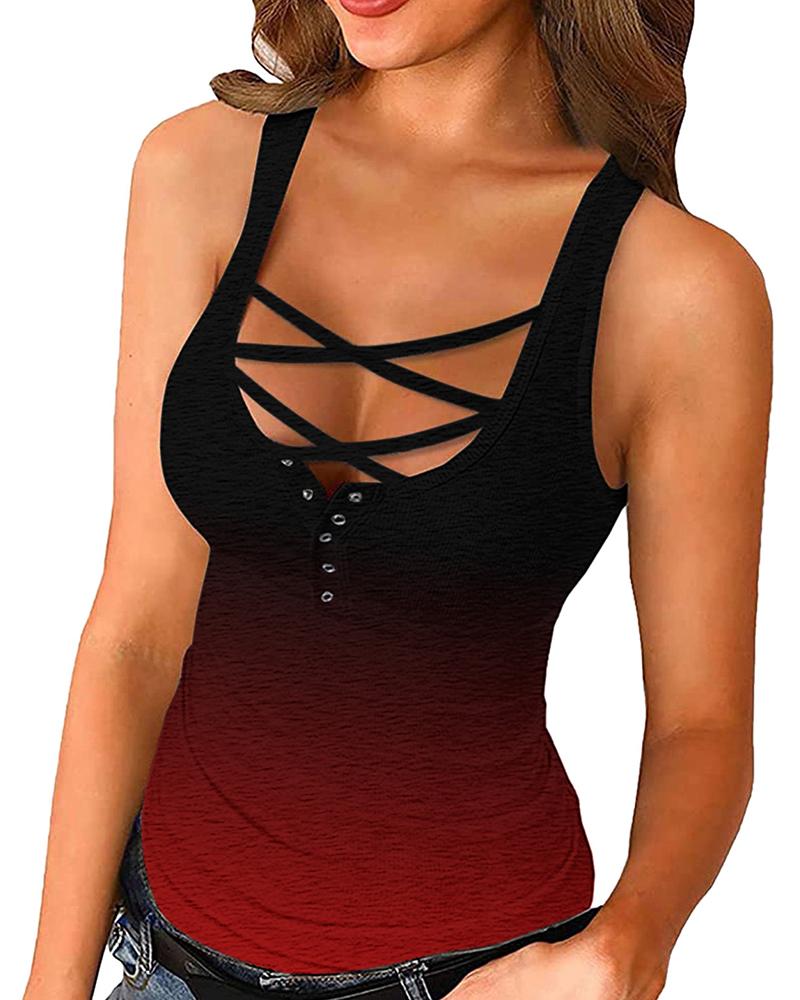 

Ombre Colorblock Button Design Lace-up Tank Top, Red