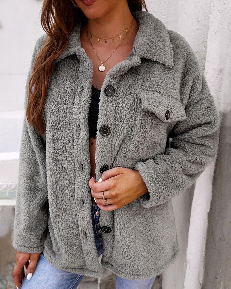 

Long Sleeve Flap Detail Button Front Teddy Coat, Gray