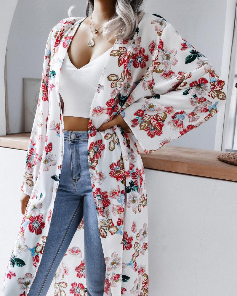 

Floral Print Bell Sleeve Longline Cover Up, White