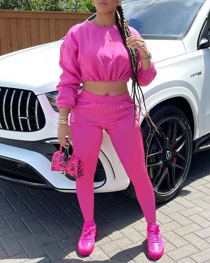 

Drawstring Long Sleeve Crop Top & High Waist Pants Set, Hot pink