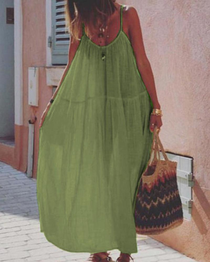 

Solid OL Suspender Maxi Dress, Green