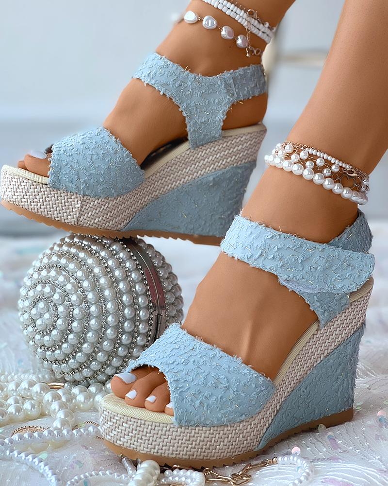 

Bohemian Peep Toe Velcro Muffin Wedge Shoes, Light blue