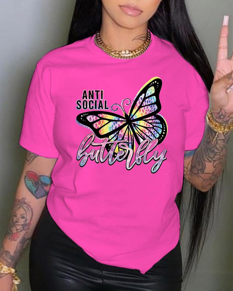 

Plus Size Butterfly Letter Print Casual T-shirt, Rose red