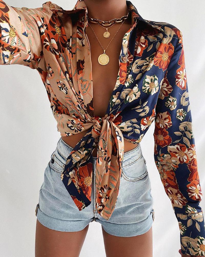 

Leaf Floral Print Tie Front Long Sleeve Shirt Casual Daily Blouse, Multicolor