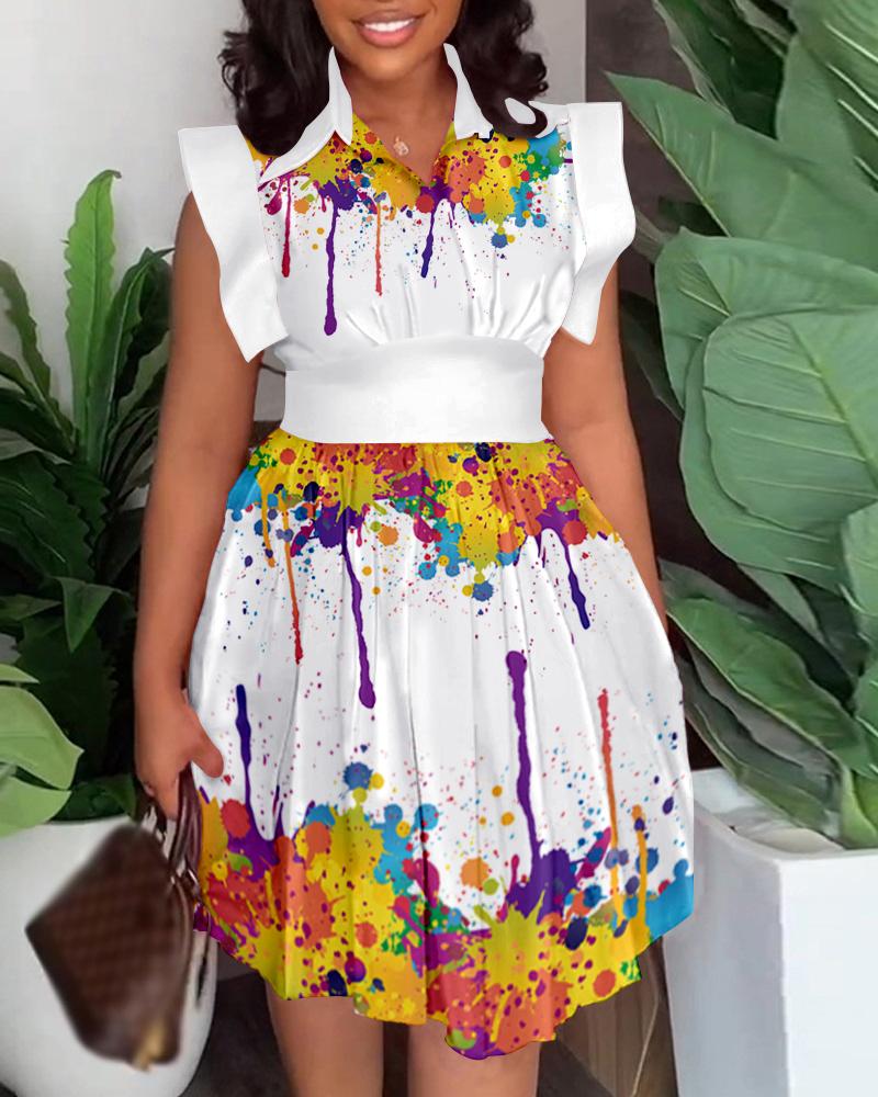 

Ink Splash Print Flutter Sleeve Pleated Casual Dress, White