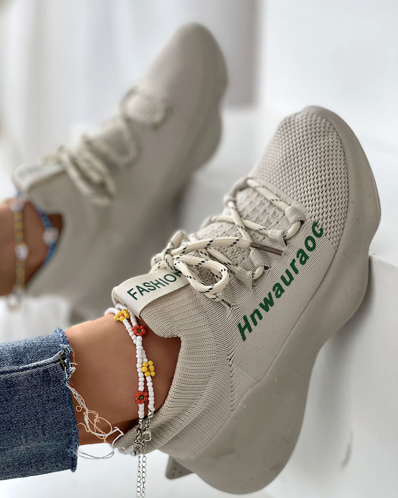 

Letter Pattern Lace-up Muffin Sneakers, Apricot