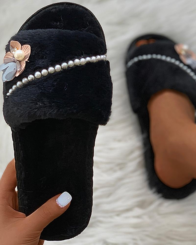 

Floral Pattern Beaded Fluffy Slippers, Black