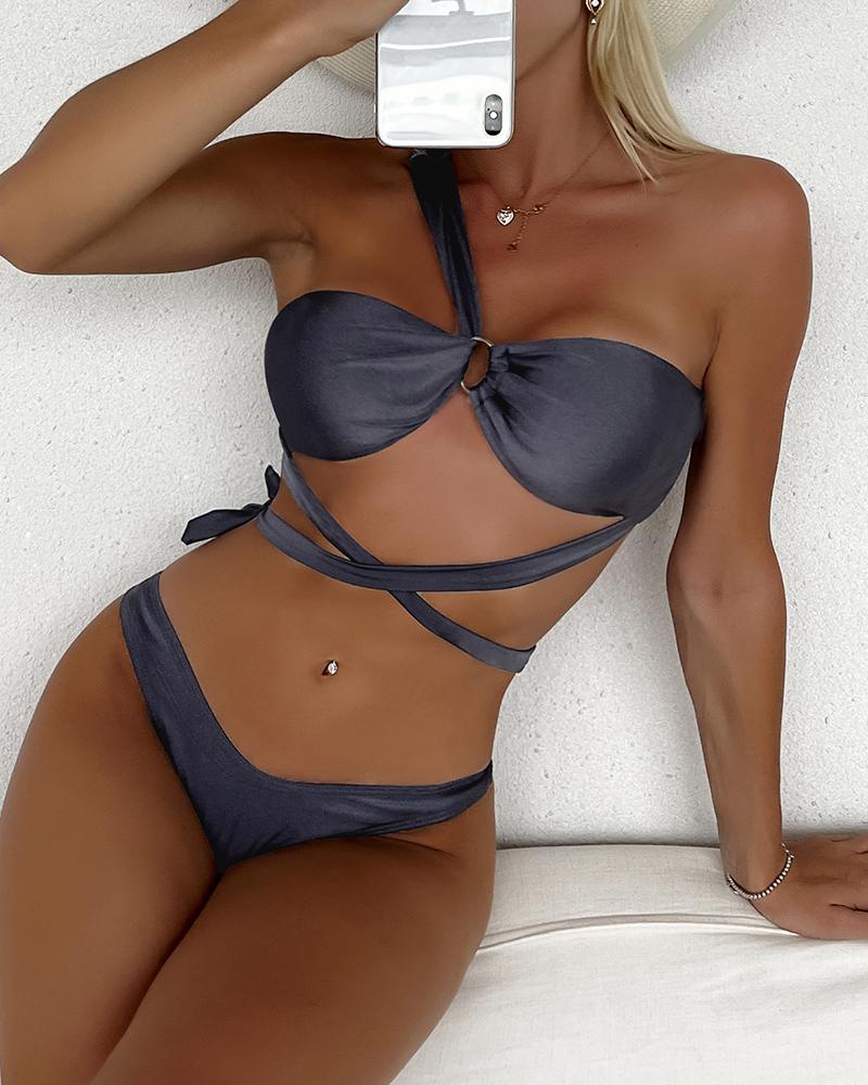 

O-Ring Decor Tied Detail One Shoulder Bikini Set, Gray