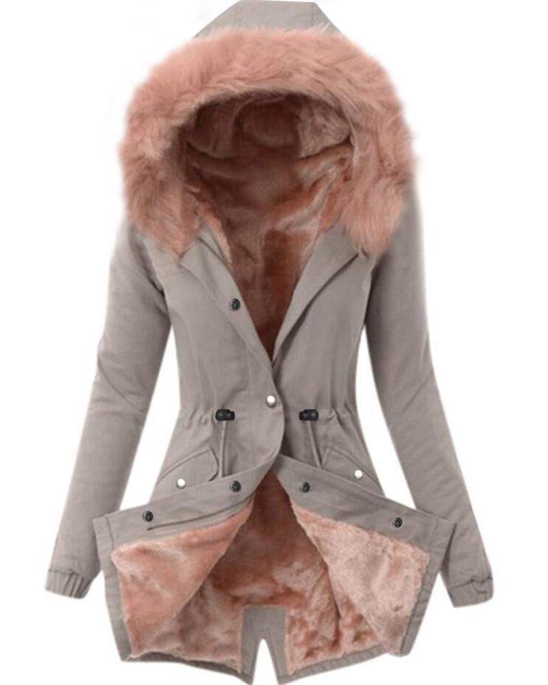 

Women's Parka Casual Winter Long Coat Drawstring Buttoned Lined Hooded Faux Fur Collar Jacket, Gray