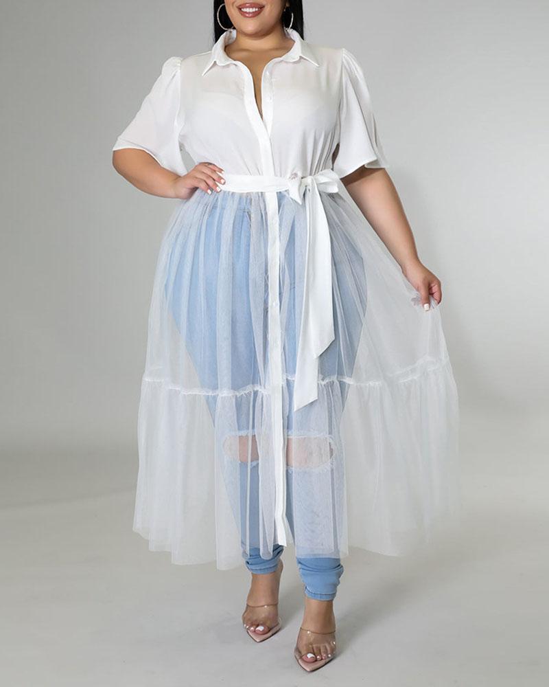 

Plus Size Contrast Mesh Button Down Longline Shirt, White